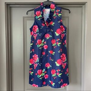 Mud Pie- Navy Dress with Roses & Ruffle Neckline